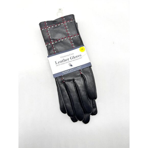 CHARTER CLUB plaid stitched lined touchscreen women's leather gloves -Blk-MEDIUM - Picture 3 of 4